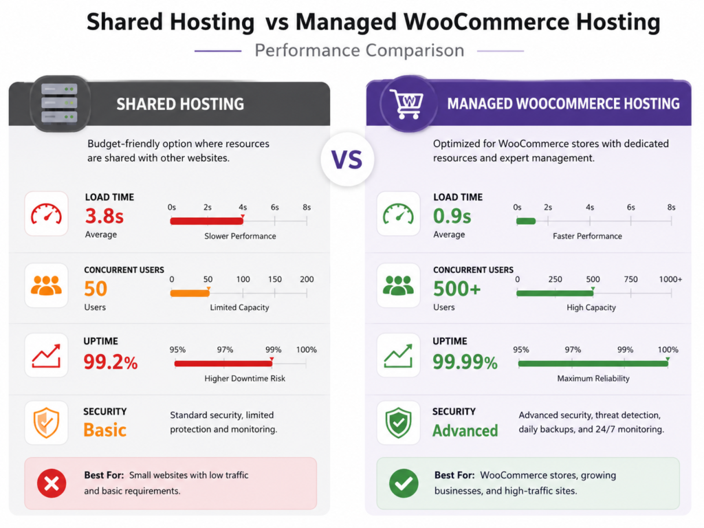 Comparison graphic showing Shared Hosting vs Managed WooCommerce Hosting performance, highlighting load time, concurrent users, uptime, security, and best use cases for WooCommerce stores.