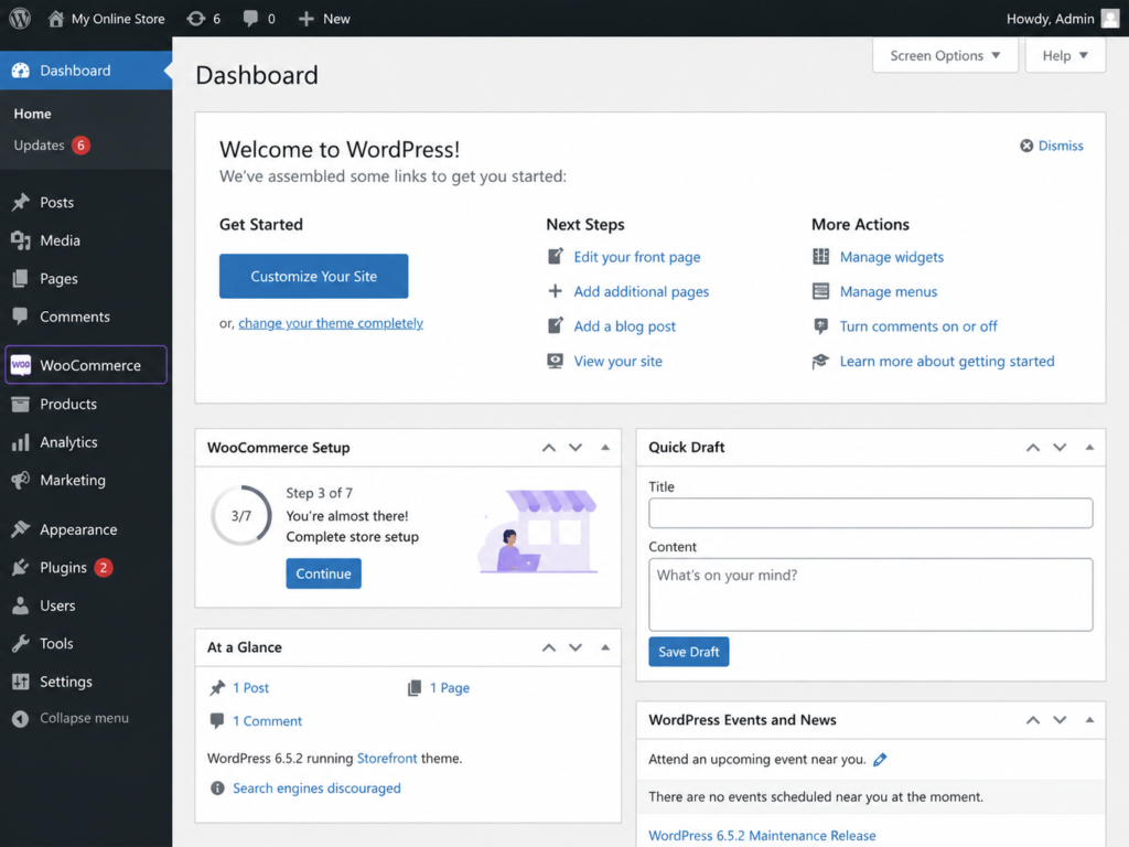 WordPress dashboard displaying the WooCommerce plugin and store setup panel.