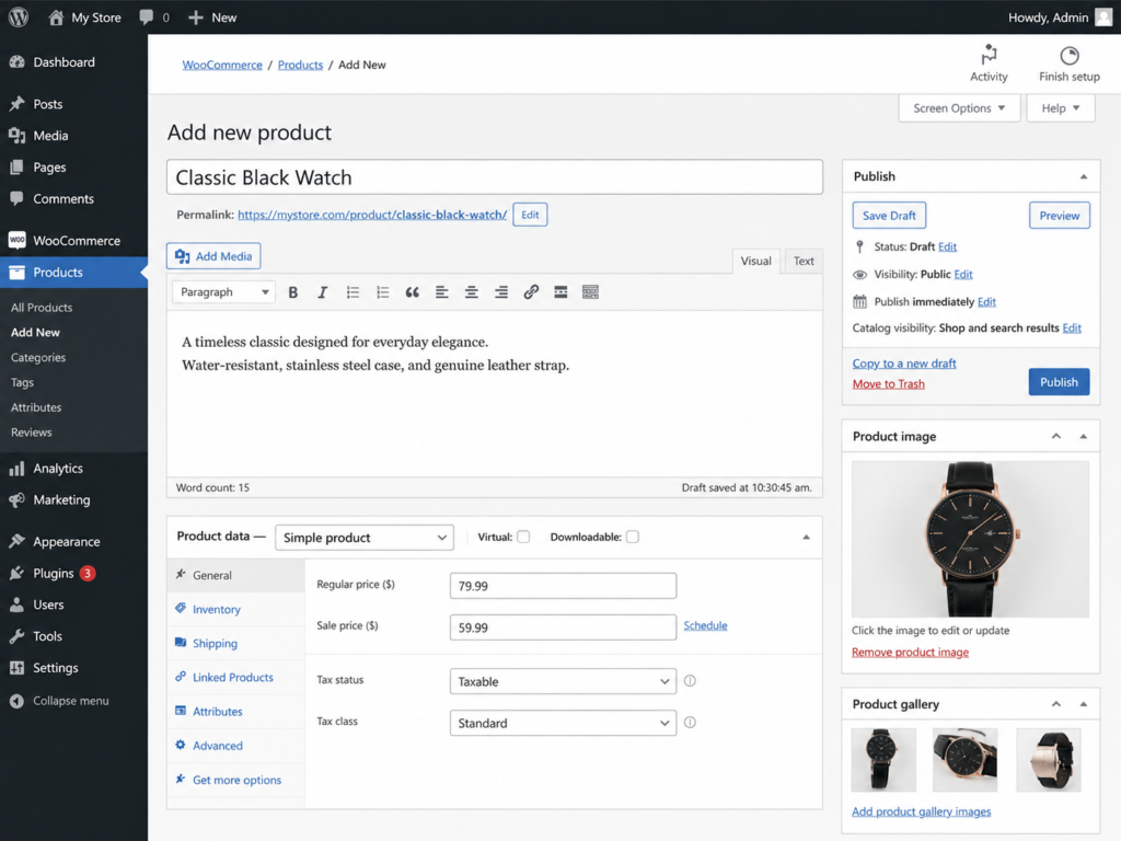 WooCommerce product editor dashboard showing product title, pricing, inventory, and product settings fields.