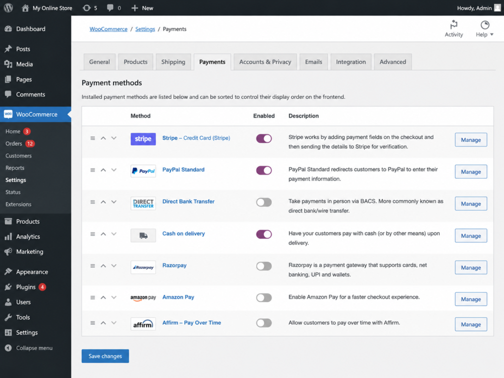 WooCommerce payment settings page showing multiple payment gateway options and configuration controls.