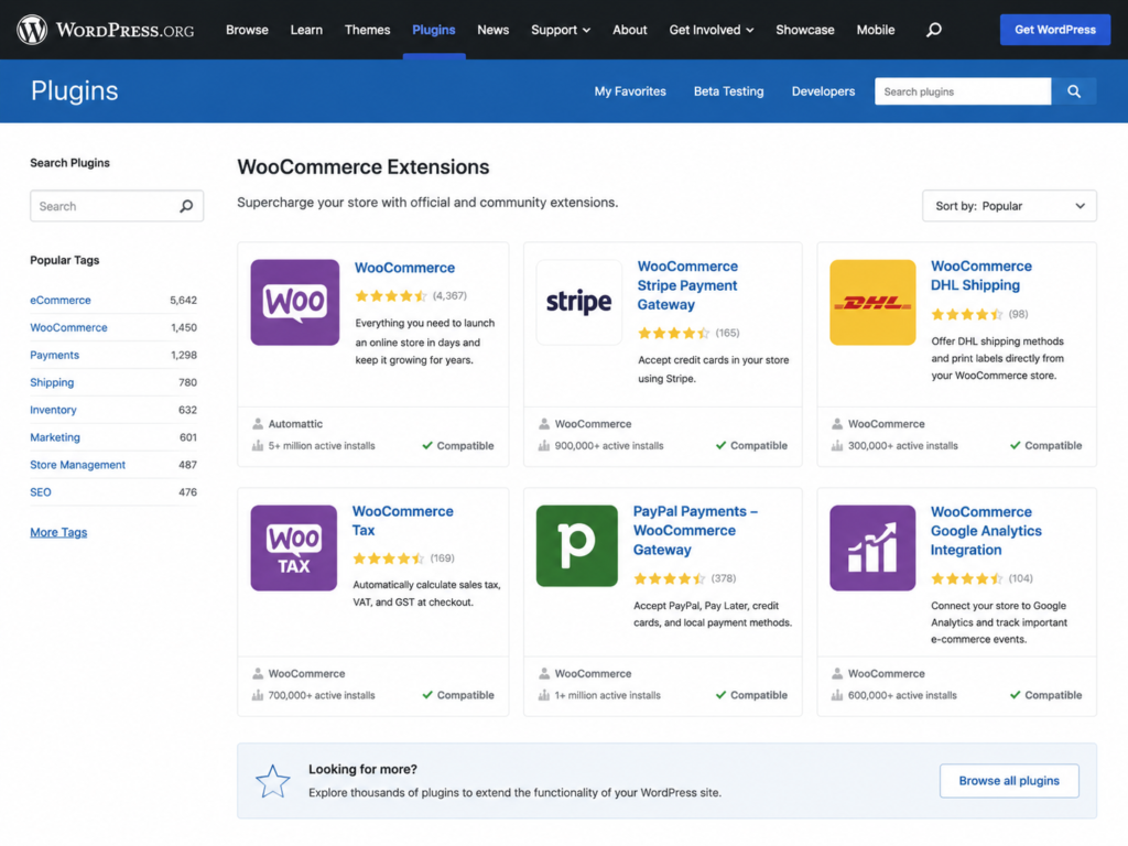 WordPress plugin directory displaying popular WooCommerce extensions and add-ons.
