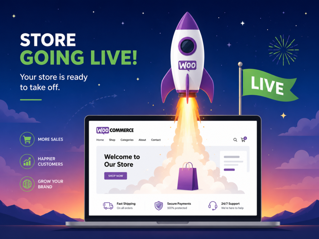 Rocket launch illustration representing a WooCommerce store going live online.
