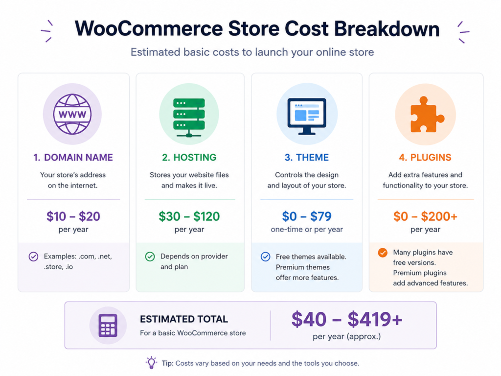 Cost breakdown infographic showing domain, hosting, theme, and plugin expenses for a WooCommerce store.