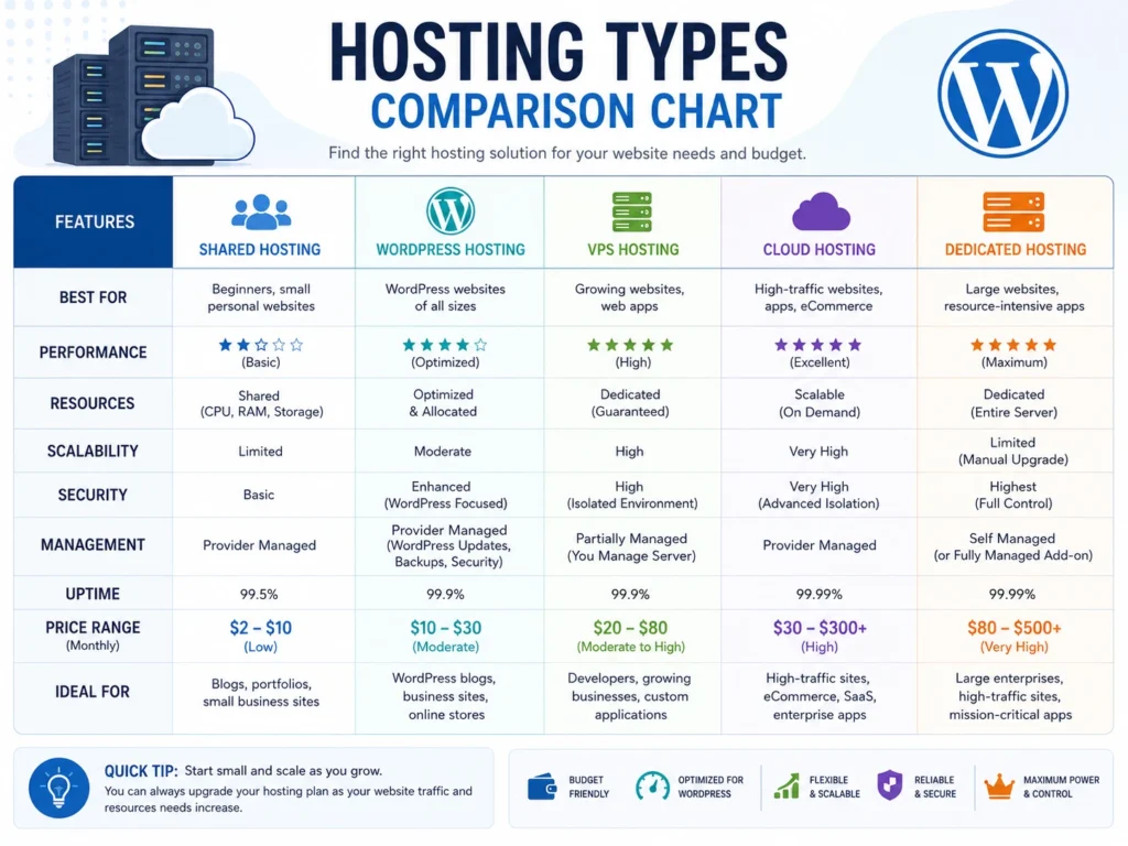 Hosting types comparison chart showing shared, WordPress, VPS, cloud, and dedicated hosting features and pricing.