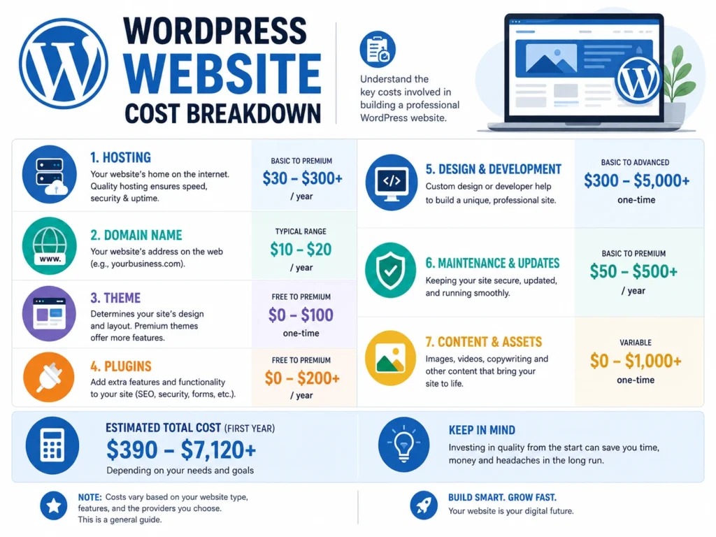 WordPress website cost breakdown infographic showing hosting, domain, theme, plugins, development, maintenance, and content costs.