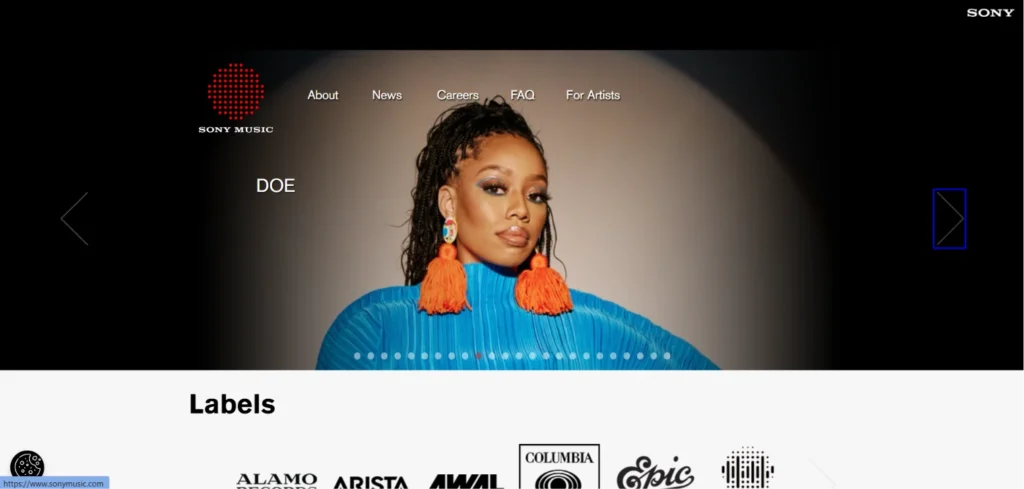 Sony Music homepage featuring artist showcase slider, navigation menu, and record label section.
