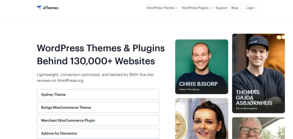 aThemes website homepage showcasing WordPress themes, plugins, customer testimonials, and featured products.