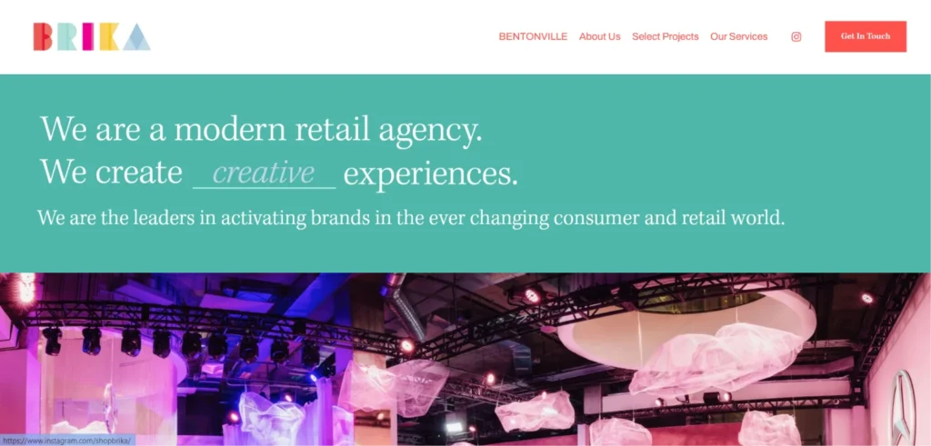 Modern retail agency website with colorful branding, creative typography, and vibrant event imagery.