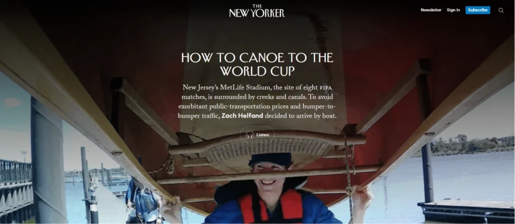 A man carrying a canoe overhead on a dock for a New Yorker article titled How to Canoe to the World Cup.