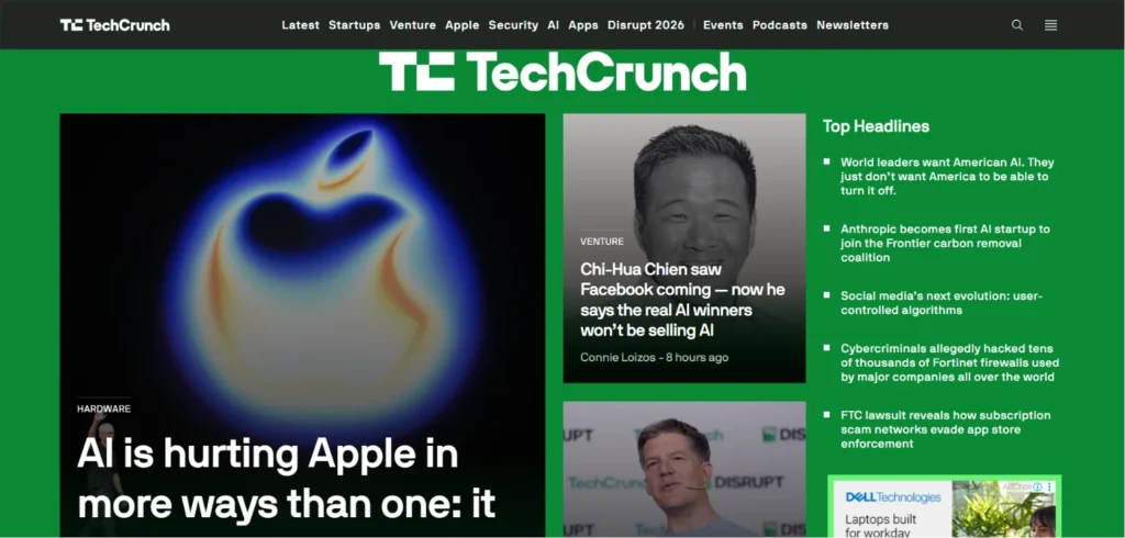 TechCrunch website interface displaying a large Apple logo graphic and breaking technology headlines.