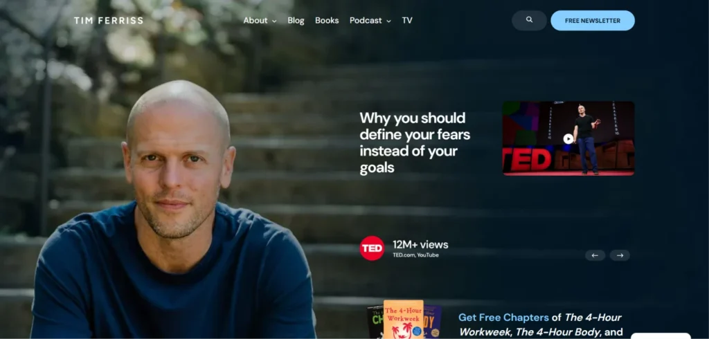 Portrait of author Tim Ferriss on a dark stone stairway background next to his TED Talk video thumbnail.