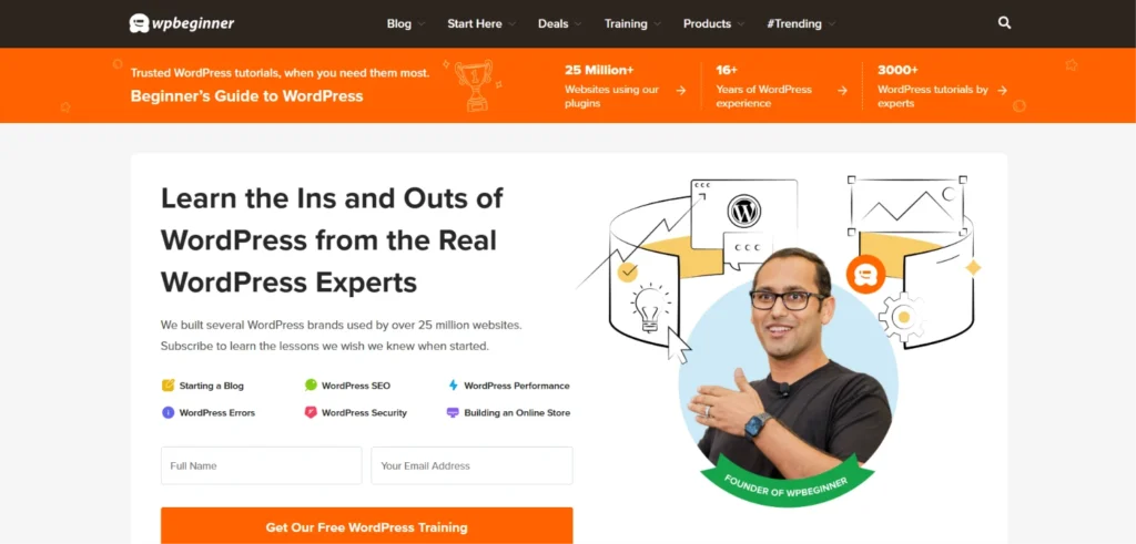Syed Balkhi, founder of WPBeginner, smiling next to a graphic illustration explaining WordPress tutorials.