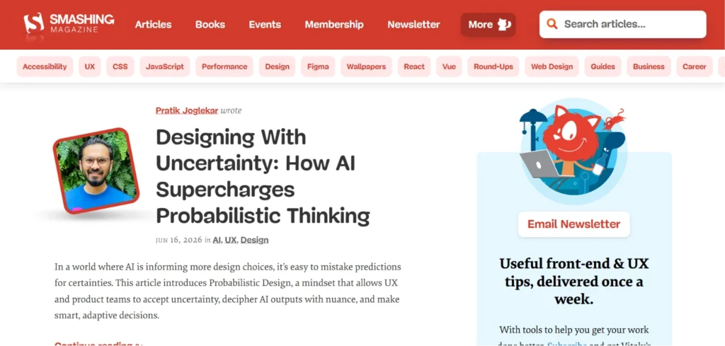 Headshot of Pratik Joglekar alongside the Smashing Magazine article header for Designing With Uncertainty.